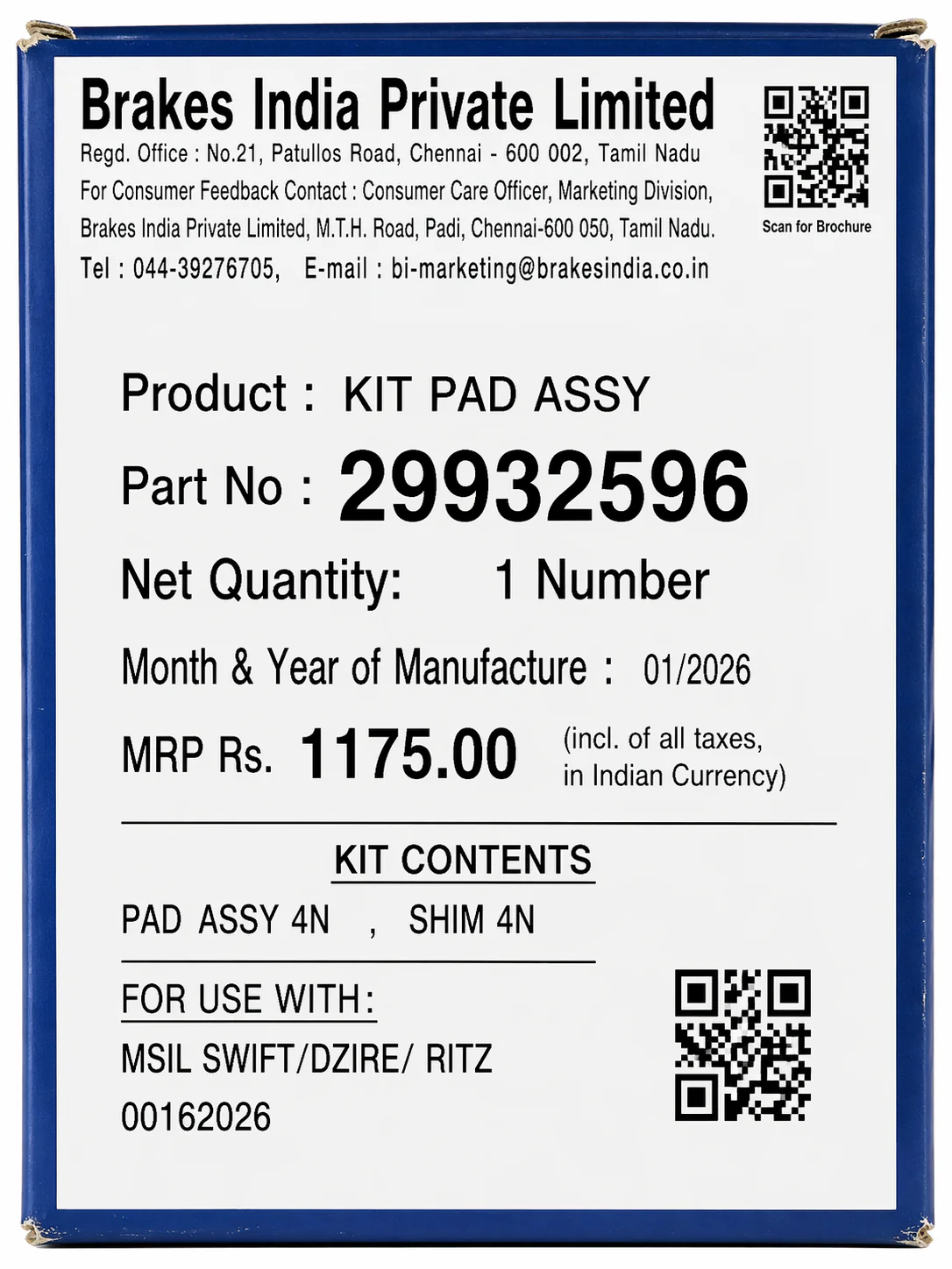 Front Brake Pads For Maruti Suzuki Swift / Dzire / Ritz – TVS - Image 3