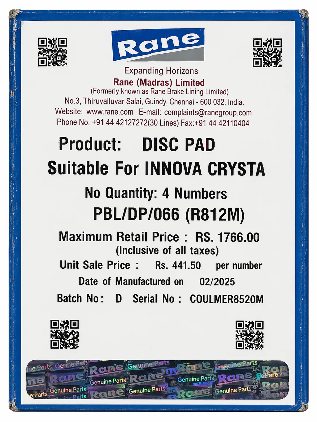 Front Brake Pads For Toyota Innova Crysta – Rane - Image 3